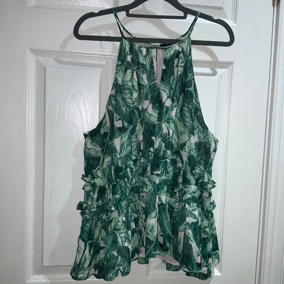 KAARI BLUE halter neckline Sleeveless botanical Blouse Sz XL ruffle hem - Picture 1 of 6
